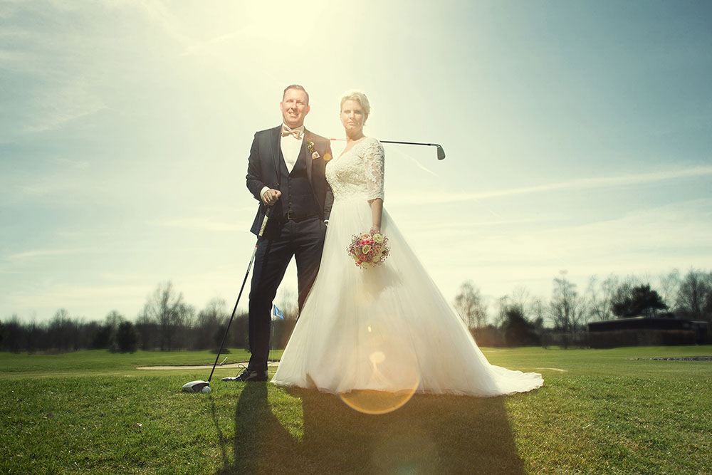 Brautkleid, Schleier, Hochzeitsfoto, Golf, Golfplatz